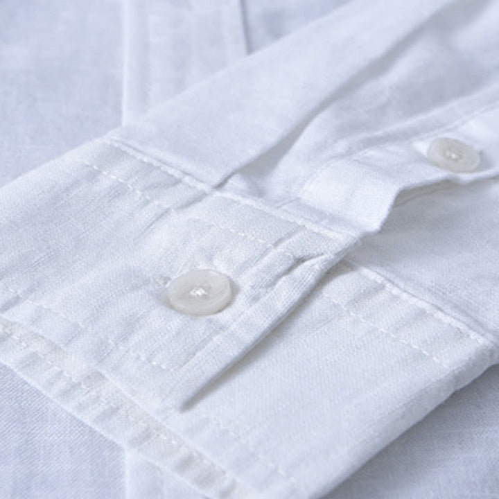 Camisa de algodón cómoda de color puro con cuello vuelto y manga larga para hombre de Buddha Stones con bolsillo - image 15