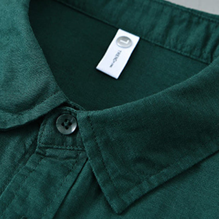 Camisa de algodón cómoda de color puro con cuello vuelto y manga larga para hombre de Buddha Stones con bolsillo - image 26