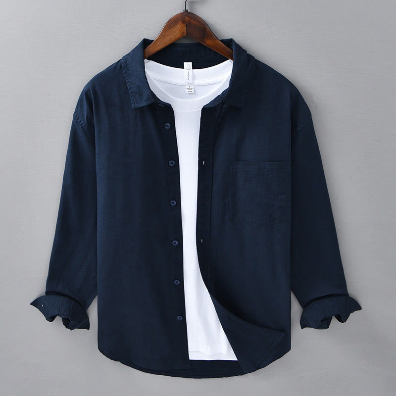 Camisa de algodón cómoda de color puro con cuello vuelto y manga larga para hombre de Buddha Stones con bolsillo - Azul medianoche - US/UK/AU42, EU52 (3XL) - image 36