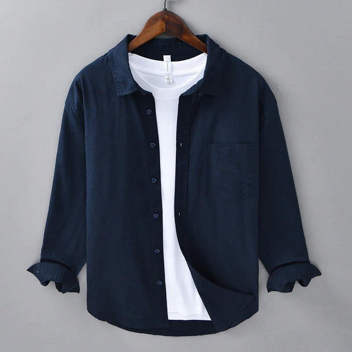 Camisa de algodón cómoda de color puro con cuello vuelto y manga larga para hombre de Buddha Stones con bolsillo - Azul medianoche - US/UK/AU42, EU52 (3XL) - image 36