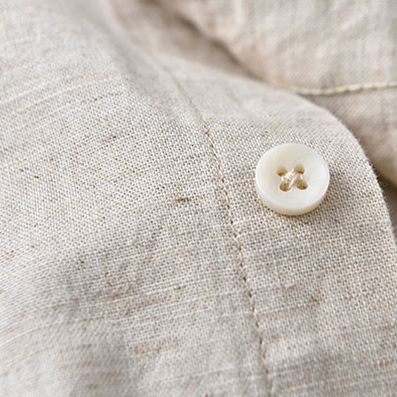 Camisa de algodón cómoda de color puro con cuello vuelto y manga larga para hombre de Buddha Stones con bolsillo - image 7