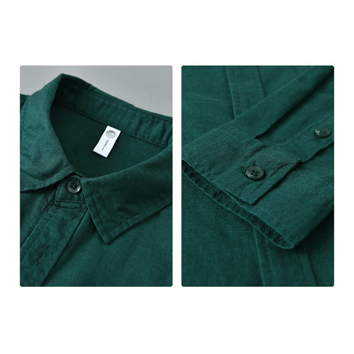 Camisa de algodón cómoda de color puro con cuello vuelto y manga larga para hombre de Buddha Stones con bolsillo - image 28