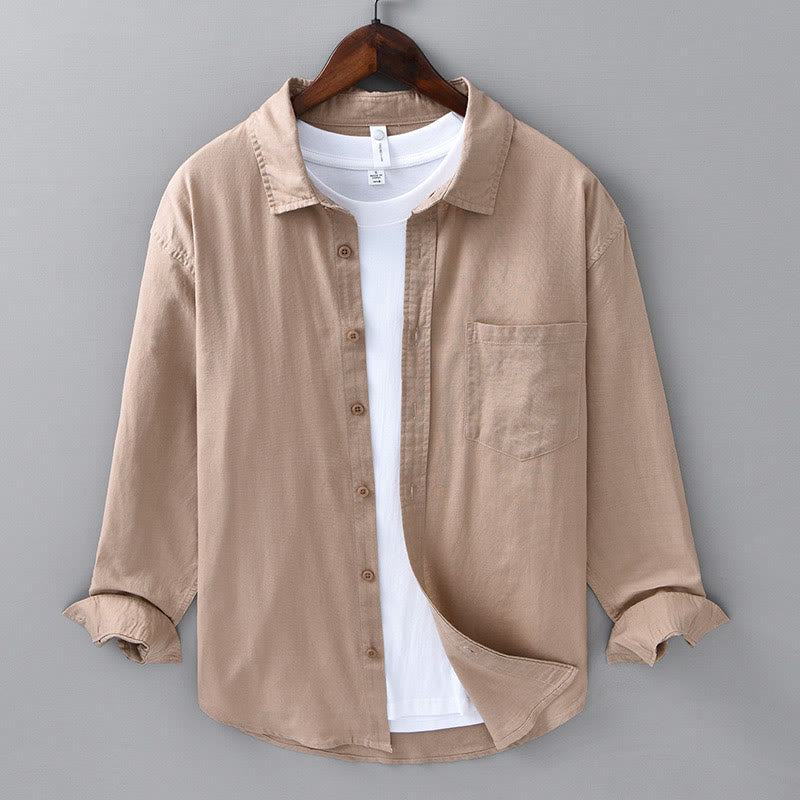 Camisa de algodón cómoda de color puro con cuello vuelto y manga larga para hombre de Buddha Stones con bolsillo - BurlyWood - US/UK/AU42, EU52 (3XL) - image 20