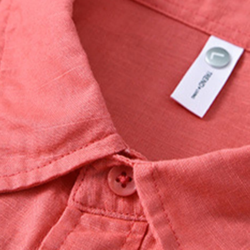 Camisa de algodón cómoda de color puro con cuello vuelto y manga larga para hombre de Buddha Stones con bolsillo - image 33