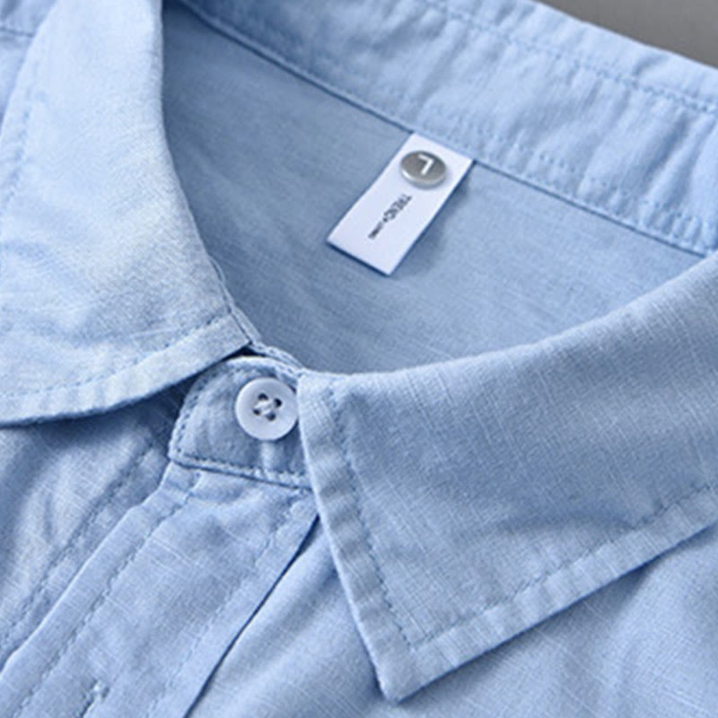 Camisa de algodón cómoda de color puro con cuello vuelto y manga larga para hombre de Buddha Stones con bolsillo - image 18