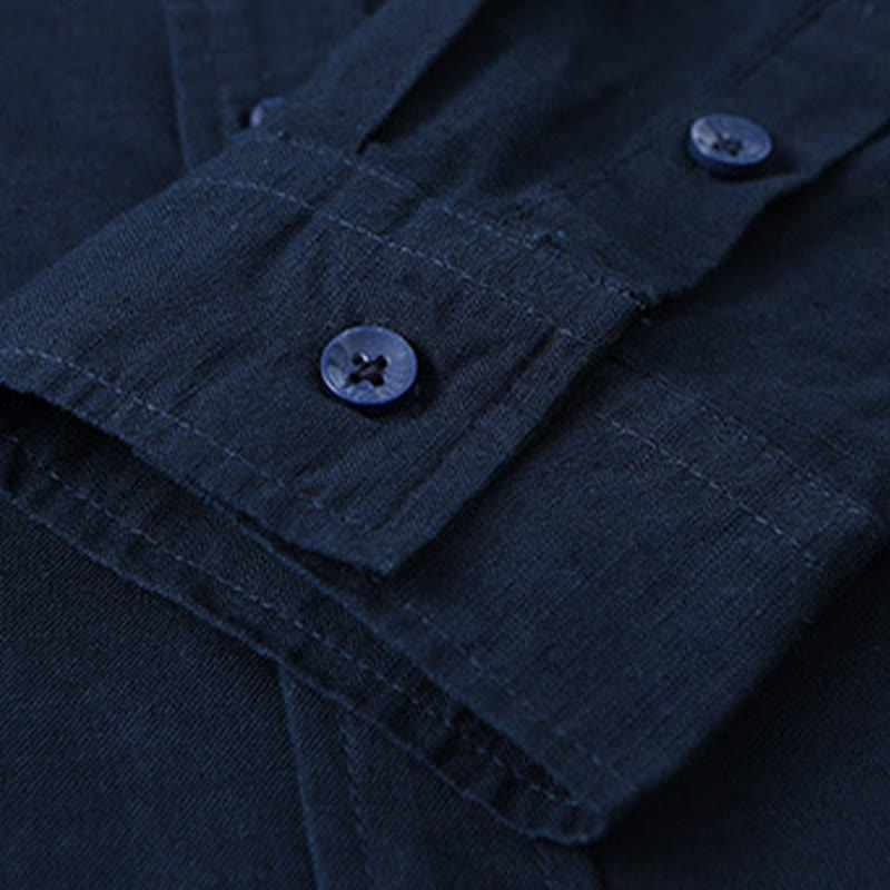 Camisa de algodón cómoda de color puro con cuello vuelto y manga larga para hombre de Buddha Stones con bolsillo - image 39