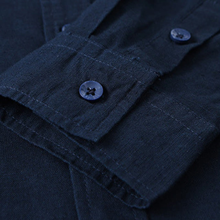 Camisa de algodón cómoda de color puro con cuello vuelto y manga larga para hombre de Buddha Stones con bolsillo - image 39