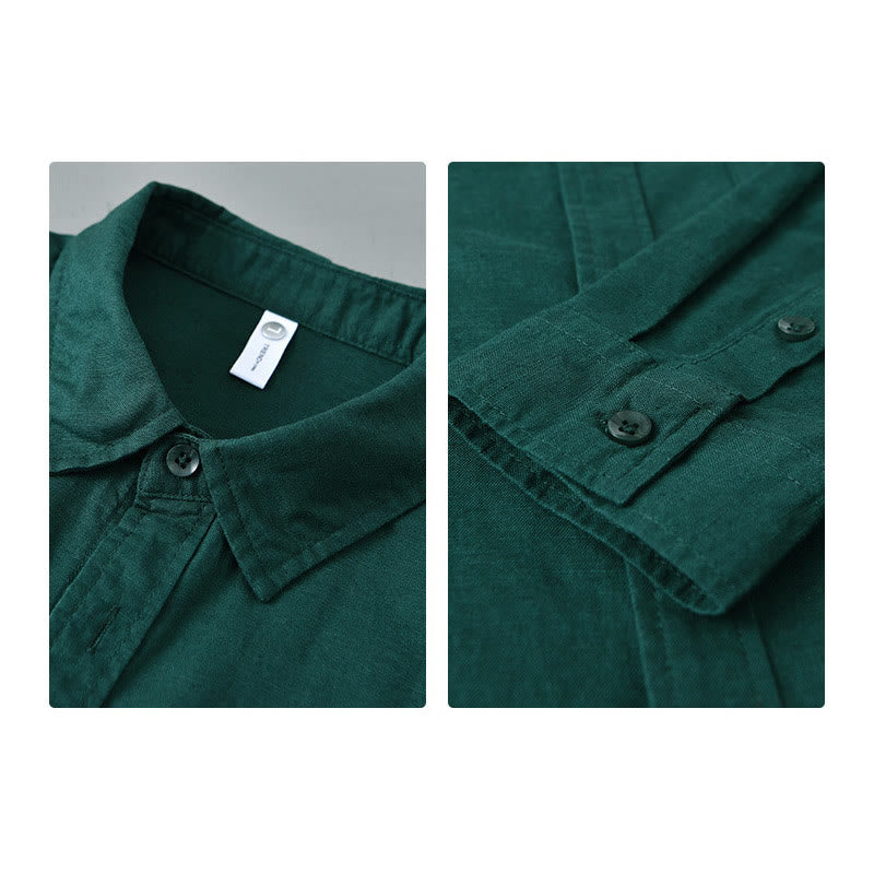 Camisa de algodón cómoda de color puro con cuello vuelto y manga larga para hombre de Buddha Stones con bolsillo - image 27
