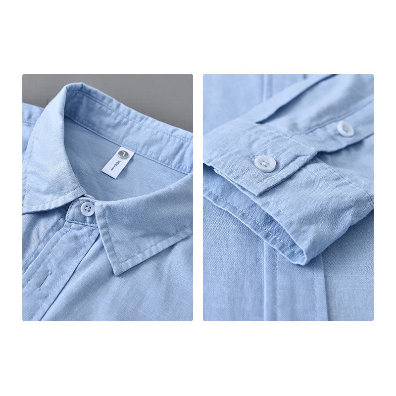 Camisa de algodón cómoda de color puro con cuello vuelto y manga larga para hombre de Buddha Stones con bolsillo - image 19