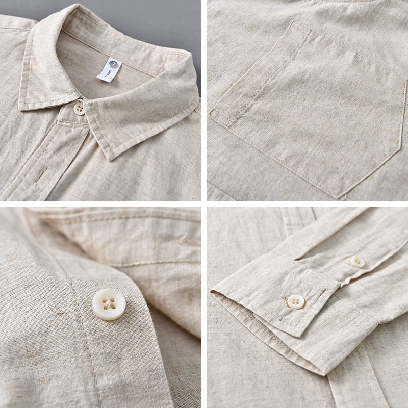 Camisa de algodón cómoda de color puro con cuello vuelto y manga larga para hombre de Buddha Stones con bolsillo - image 3