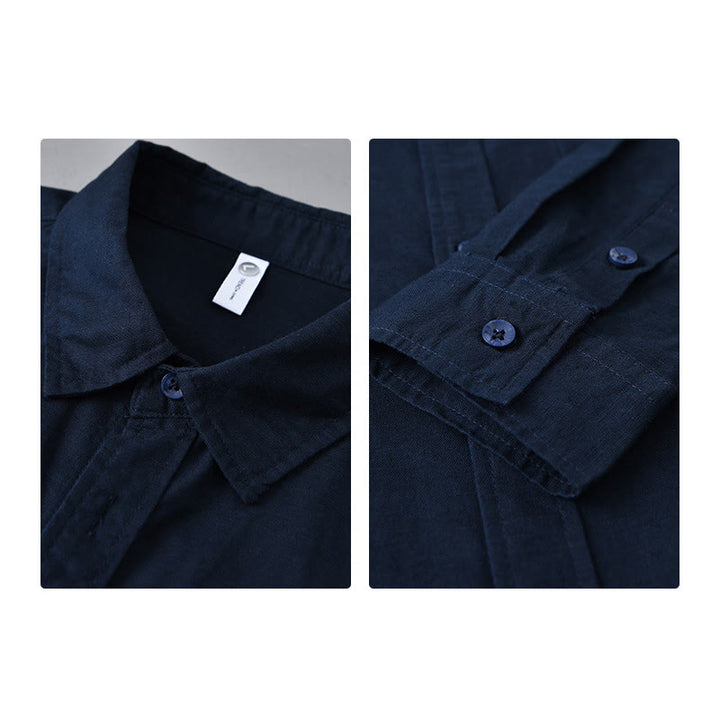 Camisa de algodón cómoda de color puro con cuello vuelto y manga larga para hombre de Buddha Stones con bolsillo - image 40