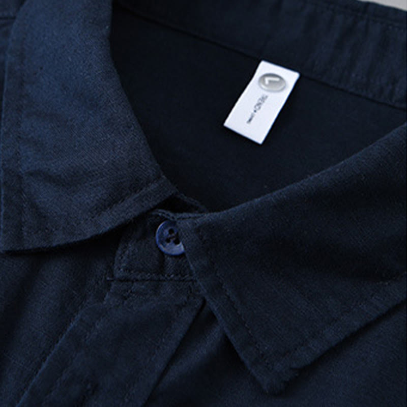 Camisa de algodón cómoda de color puro con cuello vuelto y manga larga para hombre de Buddha Stones con bolsillo - image 38