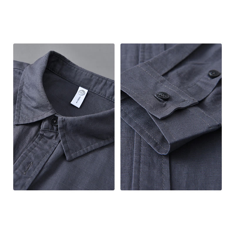 Camisa de algodón cómoda de color puro con cuello vuelto y manga larga para hombre de Buddha Stones con bolsillo - image 32