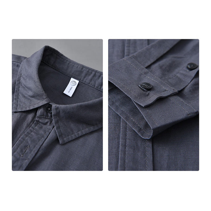 Camisa de algodón cómoda de color puro con cuello vuelto y manga larga para hombre de Buddha Stones con bolsillo - image 31
