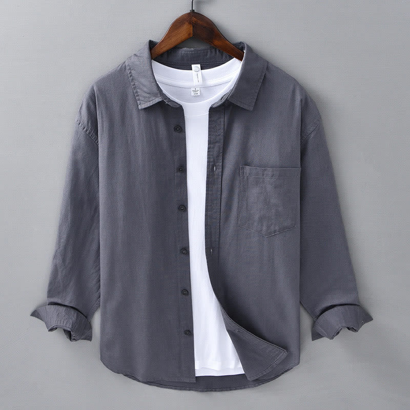 Camisa de algodón cómoda de color puro con cuello vuelto y manga larga para hombre de Buddha Stones con bolsillo - Gris oscuro - US/UK/AU42, EU52 (3XL) - image 29