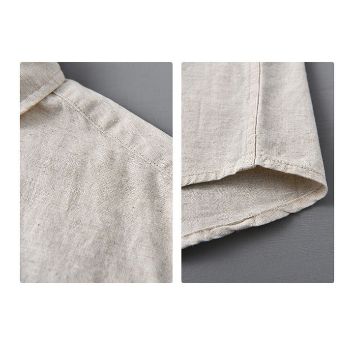 Camisa de algodón cómoda de color puro con cuello vuelto y manga larga para hombre de Buddha Stones con bolsillo - image 10