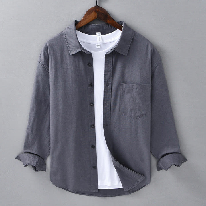 Camisa de algodón cómoda de color puro con cuello vuelto y manga larga para hombre de Buddha Stones con bolsillo - Gris oscuro - US/UK/AU42, EU52 (3XL) - image 28