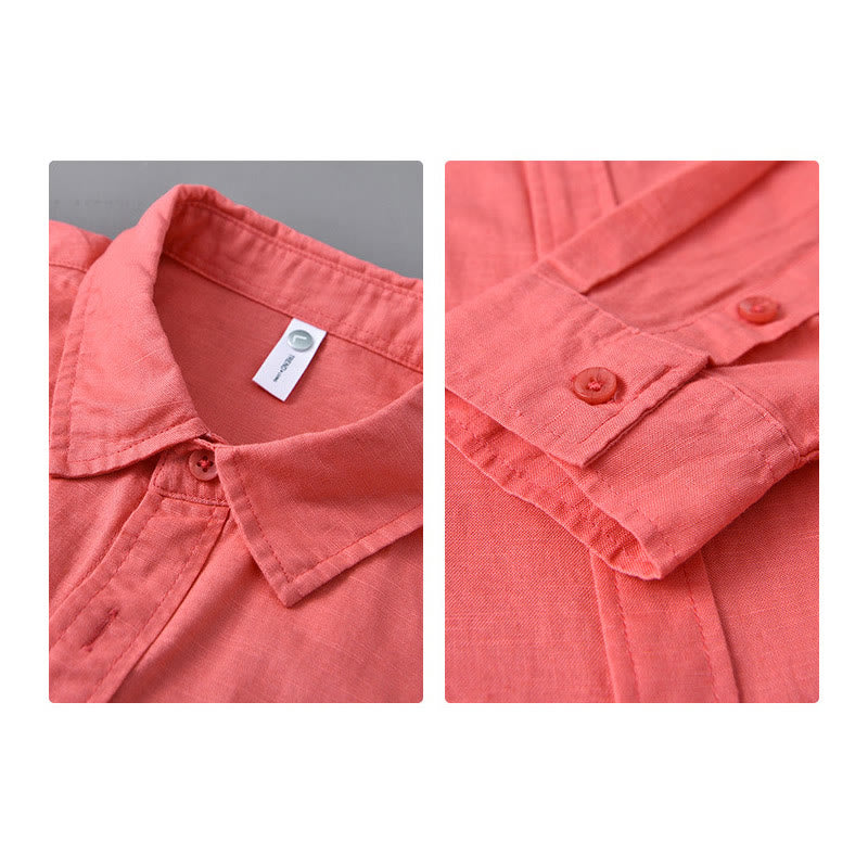 Camisa de algodón cómoda de color puro con cuello vuelto y manga larga para hombre de Buddha Stones con bolsillo - image 35