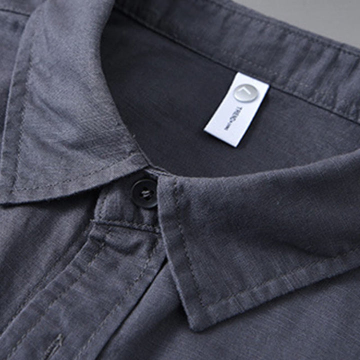 Camisa de algodón cómoda de color puro con cuello vuelto y manga larga para hombre de Buddha Stones con bolsillo - image 30