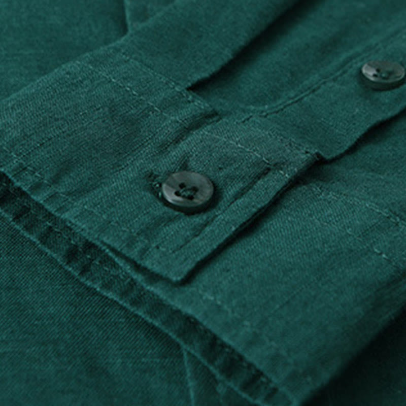 Camisa de algodón cómoda de color puro con cuello vuelto y manga larga para hombre de Buddha Stones con bolsillo - image 27