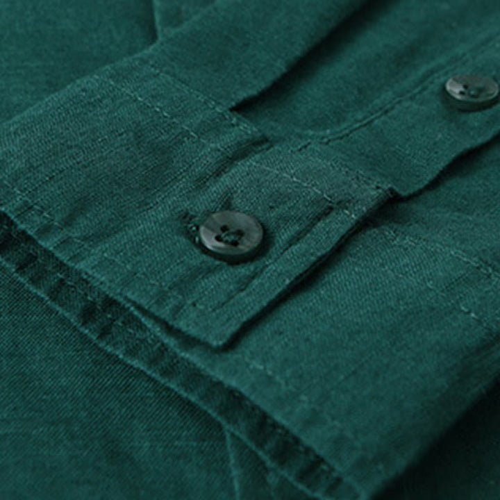 Camisa de algodón cómoda de color puro con cuello vuelto y manga larga para hombre de Buddha Stones con bolsillo - image 27