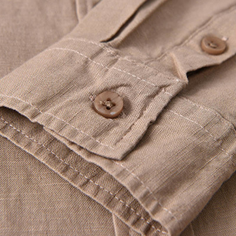 Camisa de algodón cómoda de color puro con cuello vuelto y manga larga para hombre de Buddha Stones con bolsillo - image 23