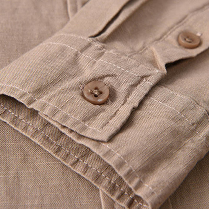 Camisa de algodón cómoda de color puro con cuello vuelto y manga larga para hombre de Buddha Stones con bolsillo - image 23