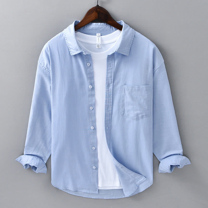 Camisa de algodón cómoda de color puro con cuello vuelto y manga larga para hombre de Buddha Stones con bolsillo - Azul cielo claro - US/UK/AU42, EU52 (3XL) - image 17