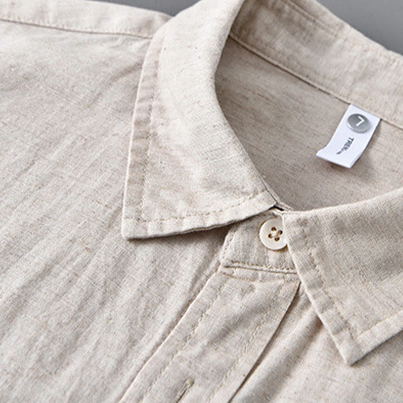 Camisa de algodón cómoda de color puro con cuello vuelto y manga larga para hombre de Buddha Stones con bolsillo - image 5