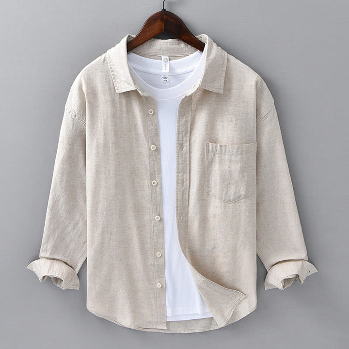 Camisa de algodón cómoda de color puro con cuello vuelto y manga larga para hombre de Buddha Stones con bolsillo - PapayaWhip - US/UK/AU42, EU52 (3XL) - image 0