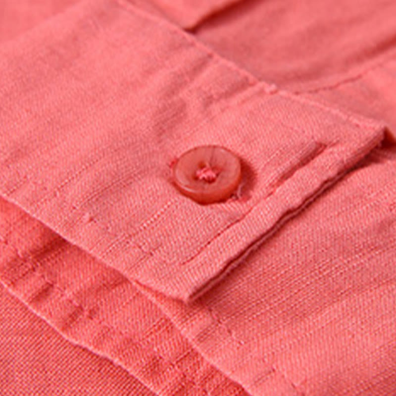 Camisa de algodón cómoda de color puro con cuello vuelto y manga larga para hombre de Buddha Stones con bolsillo - image 35