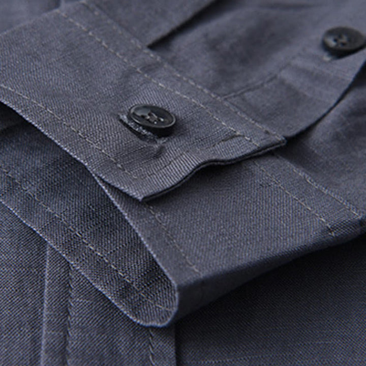 Camisa de algodón cómoda de color puro con cuello vuelto y manga larga para hombre de Buddha Stones con bolsillo - image 31