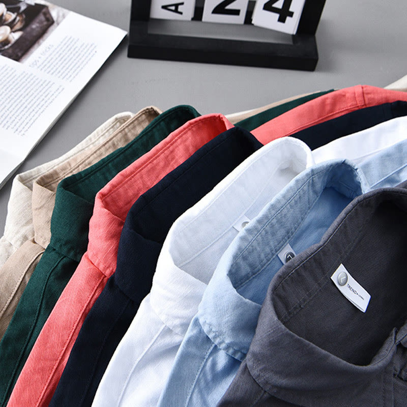 Camisa de algodón cómoda de color puro con cuello vuelto y manga larga para hombre de Buddha Stones con bolsillo - image 1