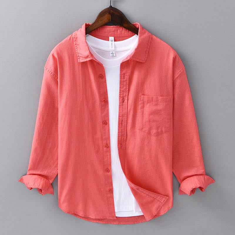 Camisa de algodón cómoda de color puro con cuello vuelto y manga larga para hombre de Buddha Stones con bolsillo - Tomate - US/UK/AU42, EU52 (3XL) - image 32