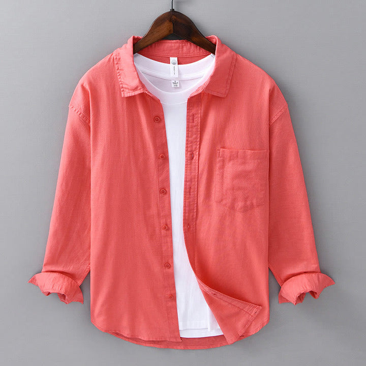 Camisa de algodón cómoda de color puro con cuello vuelto y manga larga para hombre de Buddha Stones con bolsillo - Tomate - US/UK/AU42, EU52 (3XL) - image 32