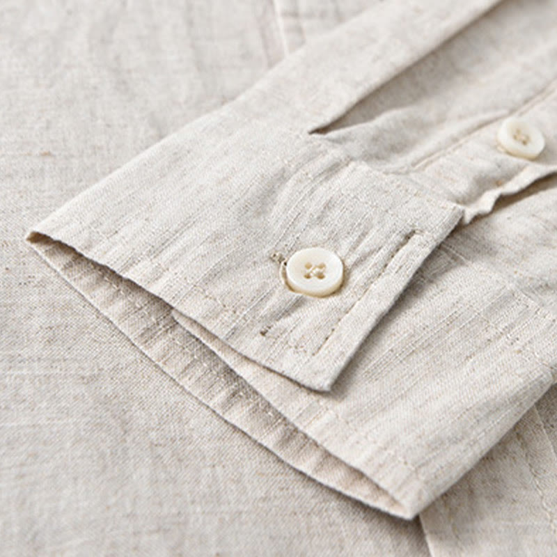 Camisa de algodón cómoda de color puro con cuello vuelto y manga larga para hombre de Buddha Stones con bolsillo - image 9