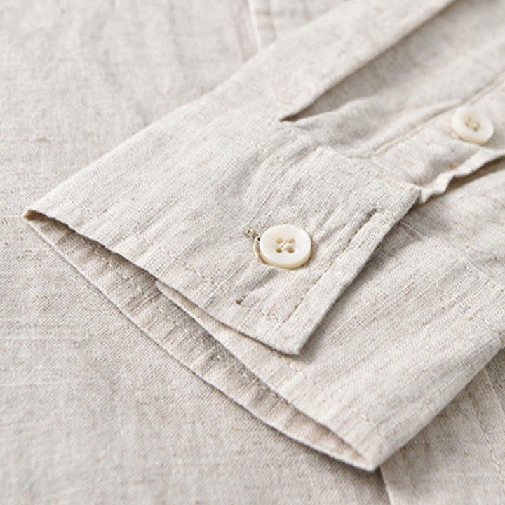 Camisa de algodón cómoda de color puro con cuello vuelto y manga larga para hombre de Buddha Stones con bolsillo - image 9