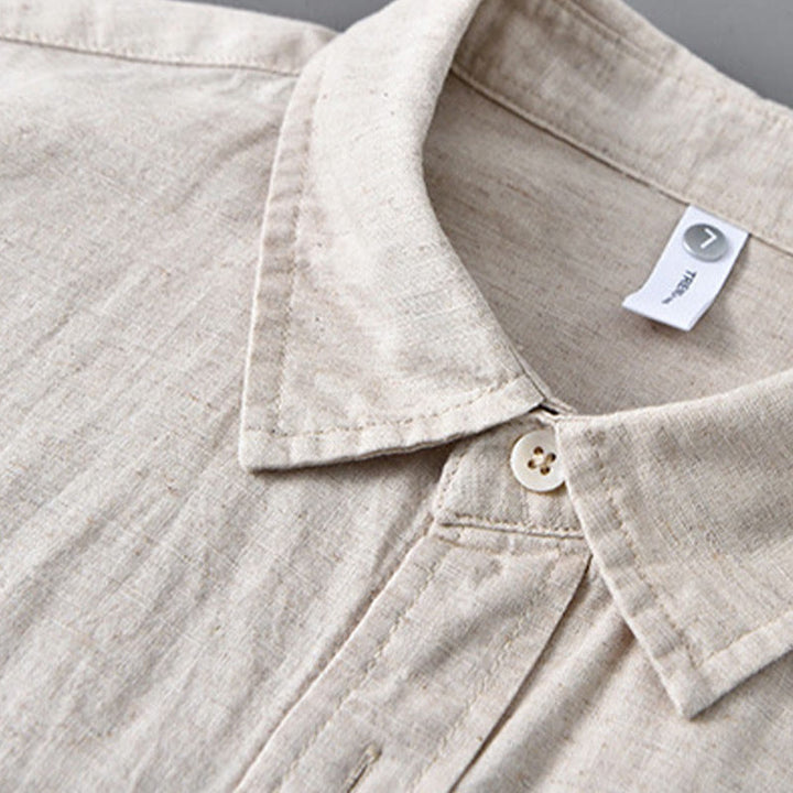 Camisa de algodón cómoda de color puro con cuello vuelto y manga larga para hombre de Buddha Stones con bolsillo - image 4