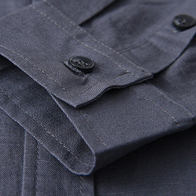 Camisa de algodón cómoda de color puro con cuello vuelto y manga larga para hombre de Buddha Stones con bolsillo - image 30