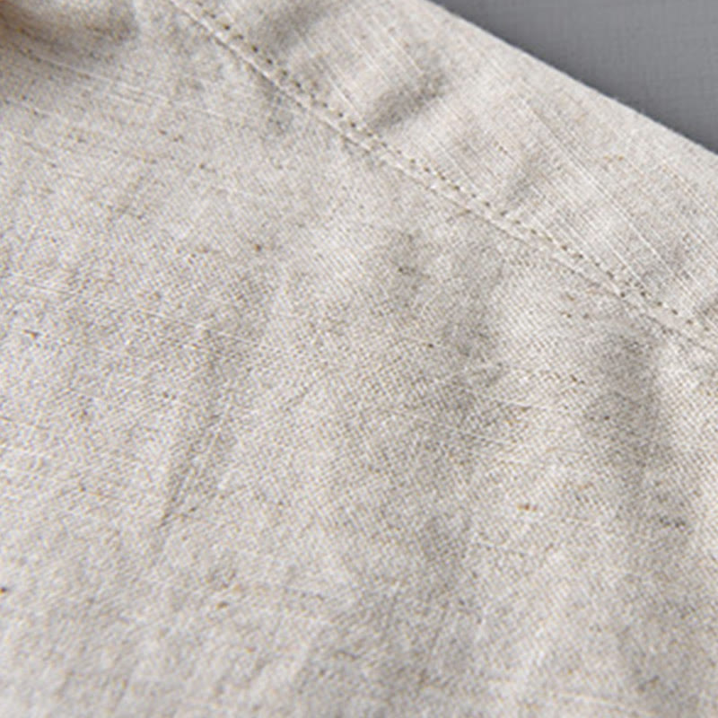 Camisa de algodón cómoda de color puro con cuello vuelto y manga larga para hombre de Buddha Stones con bolsillo - image 5
