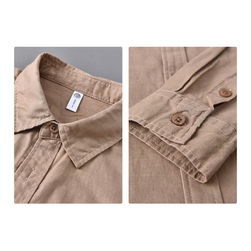 Camisa de algodón cómoda de color puro con cuello vuelto y manga larga para hombre de Buddha Stones con bolsillo - image 24