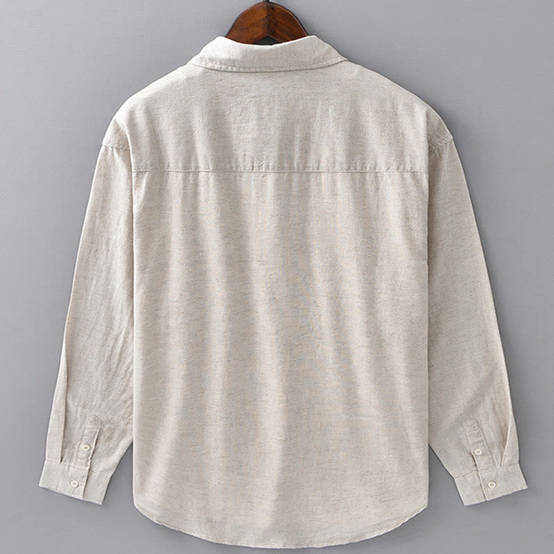 Camisa de algodón cómoda de color puro con cuello vuelto y manga larga para hombre de Buddha Stones con bolsillo - image 3