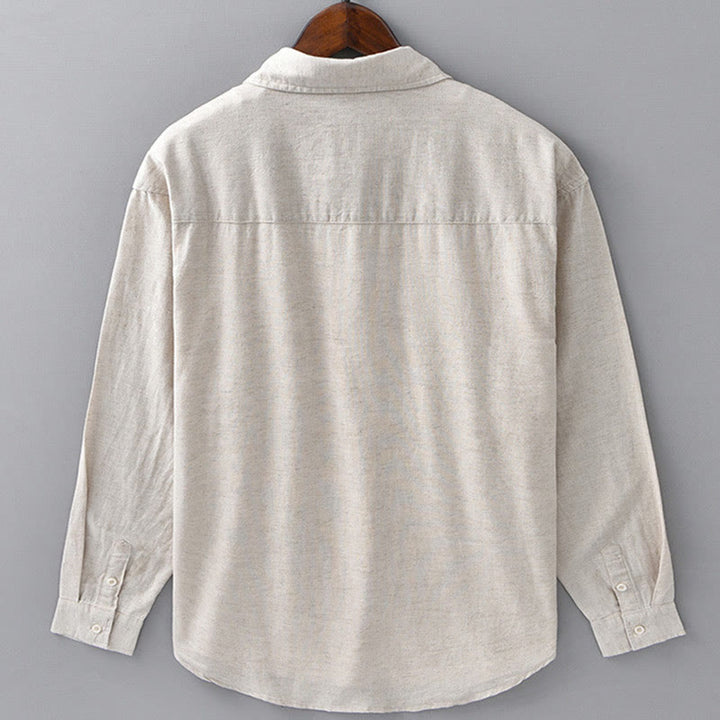 Camisa de algodón cómoda de color puro con cuello vuelto y manga larga para hombre de Buddha Stones con bolsillo - image 3