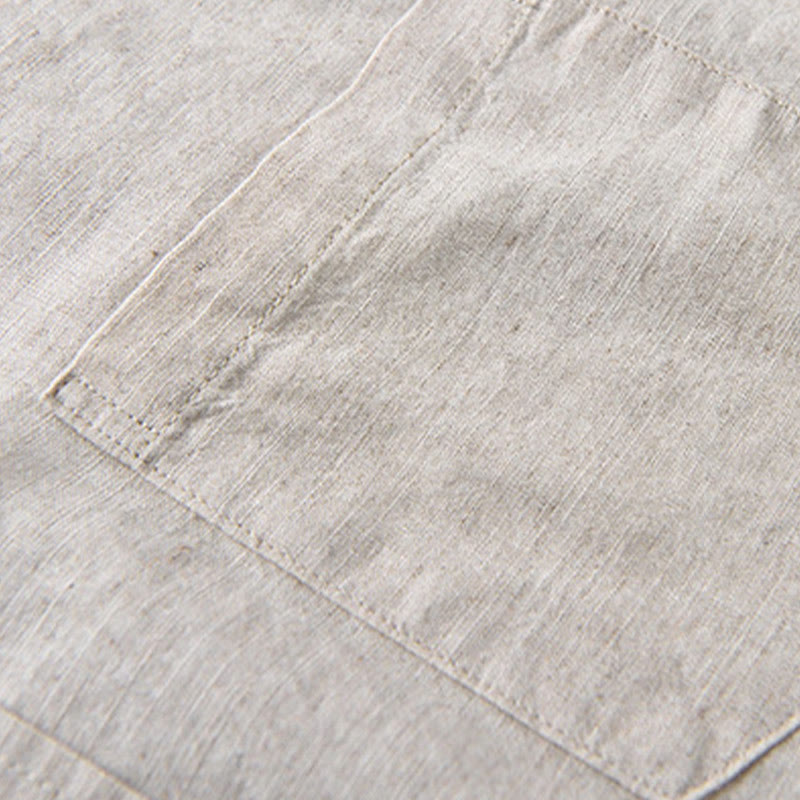 Camisa de algodón cómoda de color puro con cuello vuelto y manga larga para hombre de Buddha Stones con bolsillo - image 8