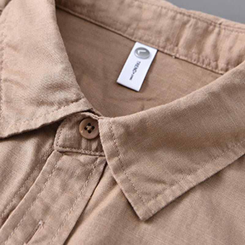 Camisa de algodón cómoda de color puro con cuello vuelto y manga larga para hombre de Buddha Stones con bolsillo - image 21