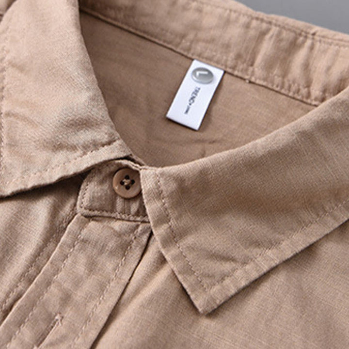 Camisa de algodón cómoda de color puro con cuello vuelto y manga larga para hombre de Buddha Stones con bolsillo - image 21