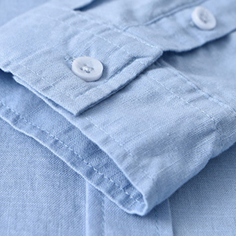 Camisa de algodón cómoda de color puro con cuello vuelto y manga larga para hombre de Buddha Stones con bolsillo - image 18