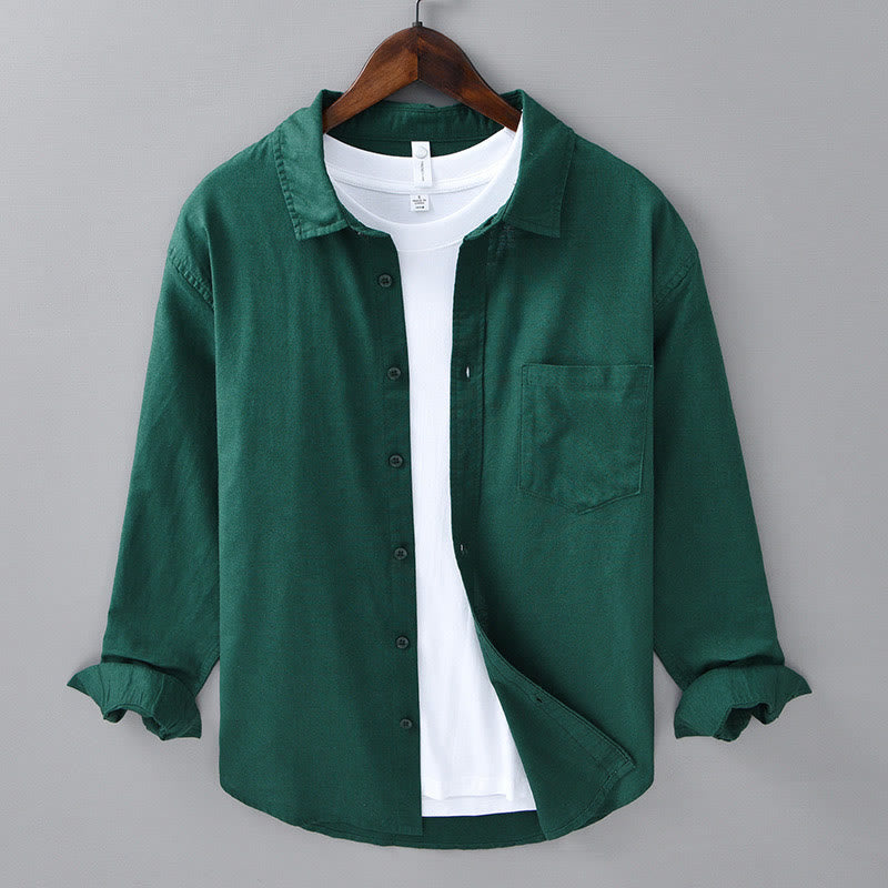 Camisa de algodón cómoda de color puro con cuello vuelto y manga larga para hombre de Buddha Stones con bolsillo - Verde oscuro - US/UK/AU42, EU52 (3XL) - image 24