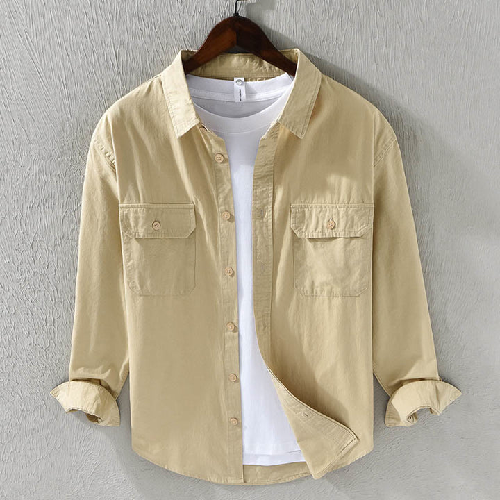 Camisa informal de algodón de color puro con cuello vuelto y manga larga para hombre de Buddha Stones - Vara de oro pálida - US/UK/AU46, EU56 (5XL) - image 0