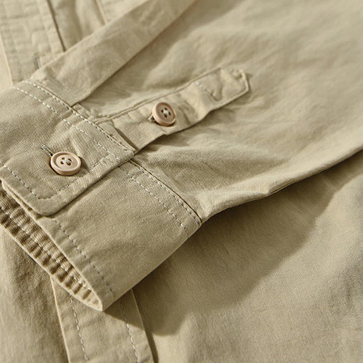 Camisa informal de algodón de color puro con cuello vuelto y manga larga para hombre de Buddha Stones - image 6